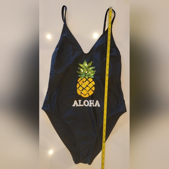 One Piece High Cut Swimsuit Sequined Pineapple ALOHA Juniors Large - Picture 8 of 13